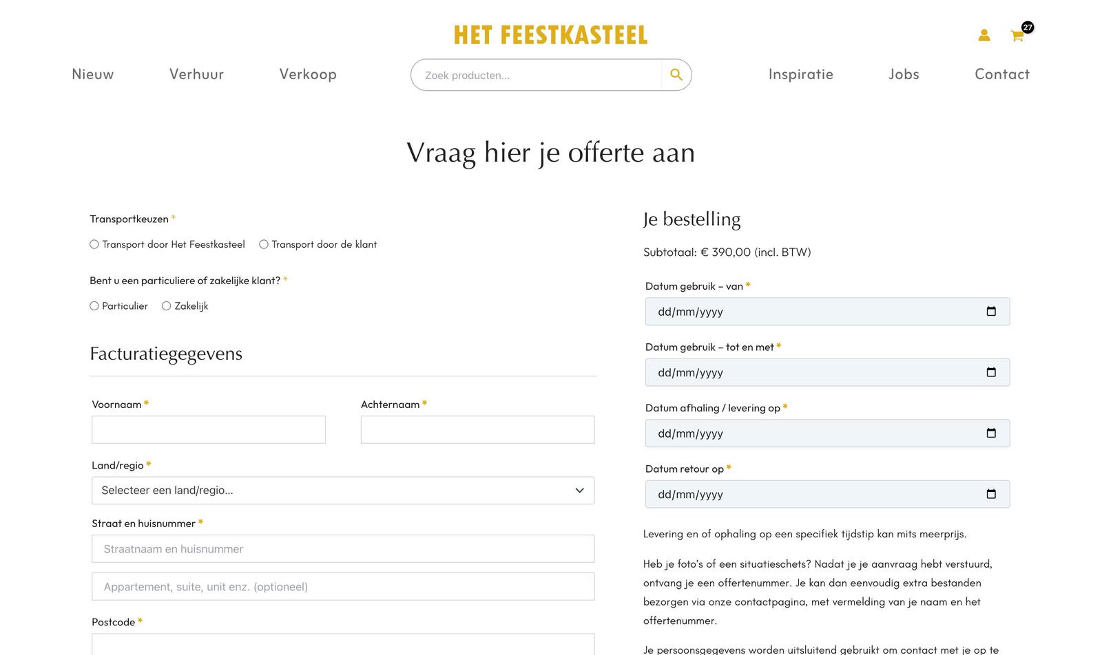 Het offerteformulier met data, levering en klantgegevens