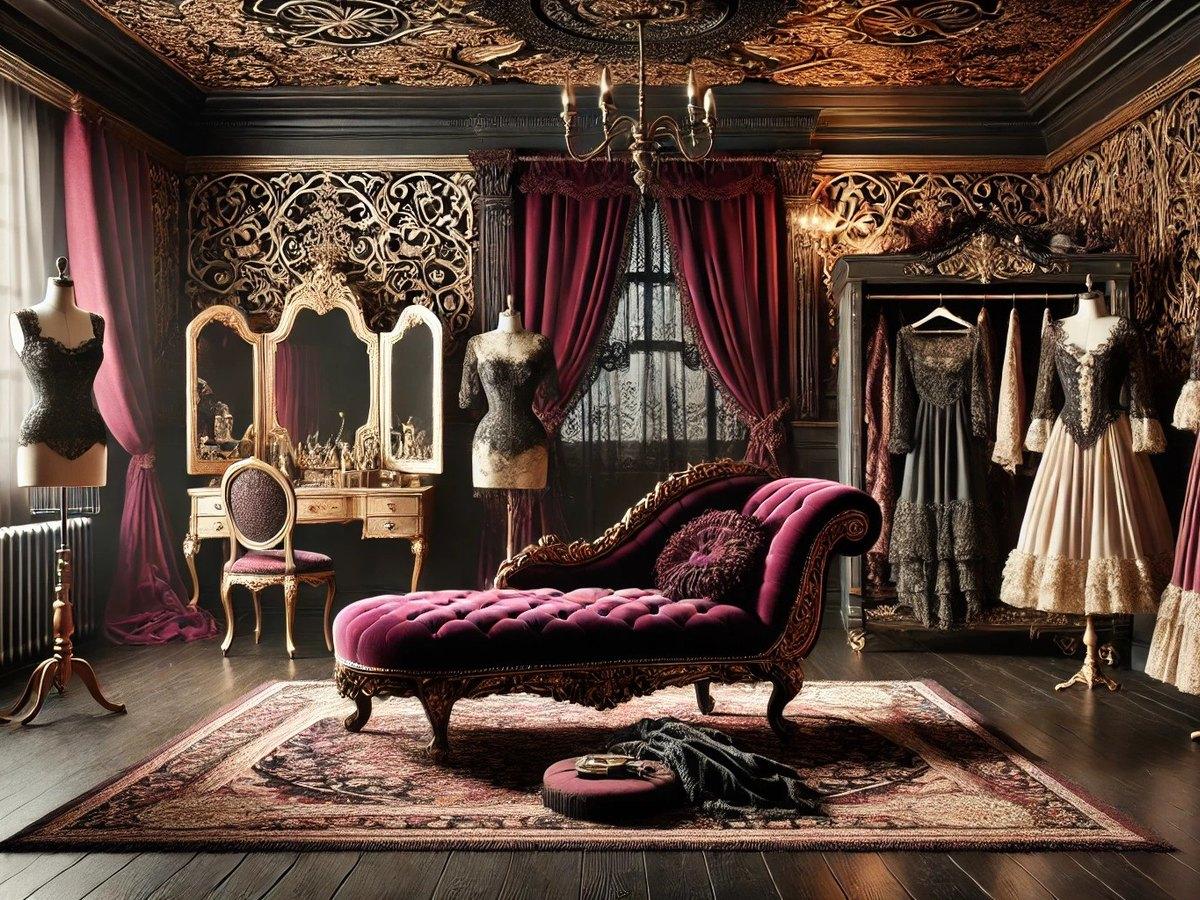 De illustratie van The Boudoir Noir, een boudoir met fluweel en kant