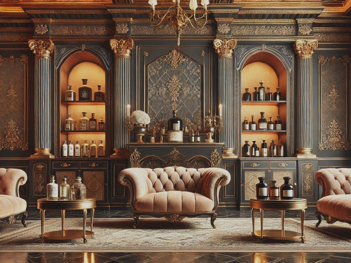 De illustratie van The Lube Lounge, een lounge met flesjes en fauteuils